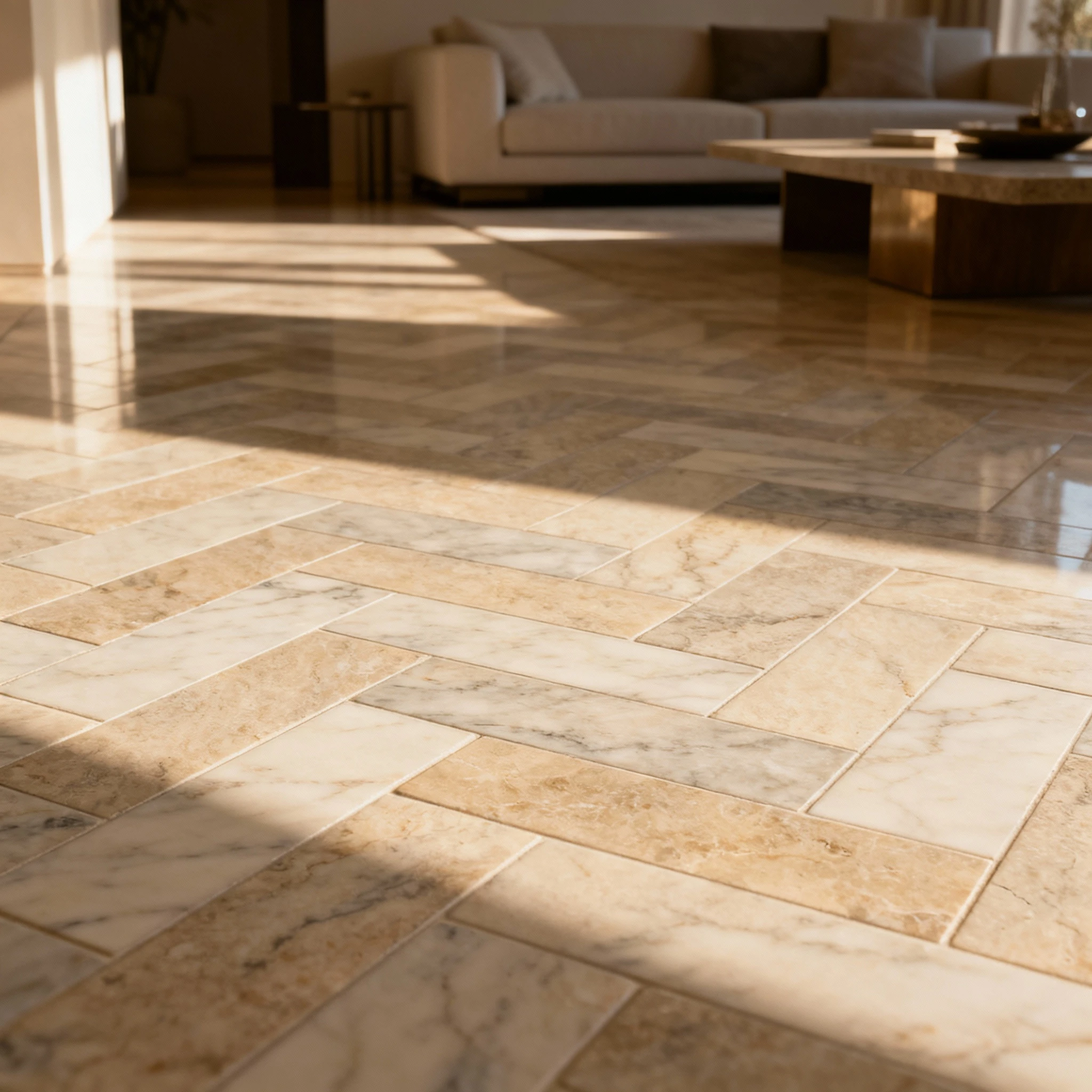 Intérieur avec carrelage effet marbre en chevron