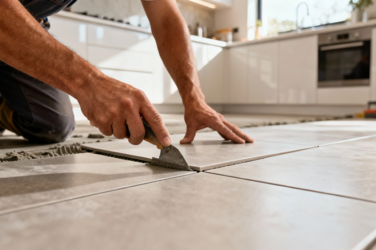 Artisan carreleur posant du carrelage avec précision